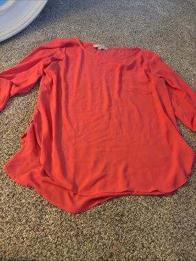 LOFT Coral-Red Long Sleeve Pullover Blouse with Pocket
